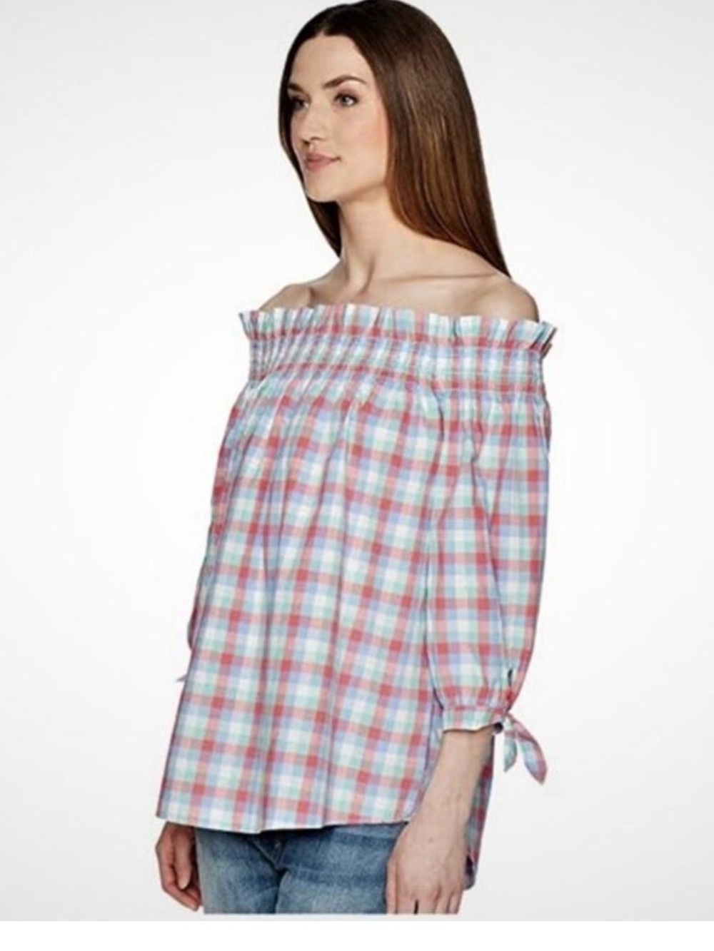 kate spade Pink & Light Blue Plaid Off-Shoulder Tie-Sleeve Top